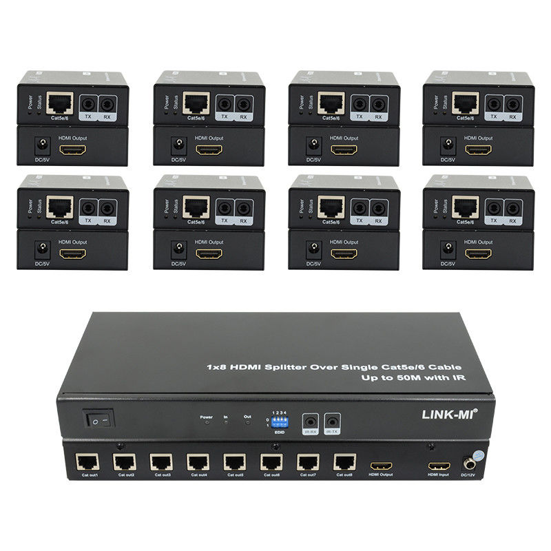 HDMI 50M 1X8 Splitter Over Cat5e 6 Suporte de cabo 3D IR 1080P 8 portas HDMI Splitter