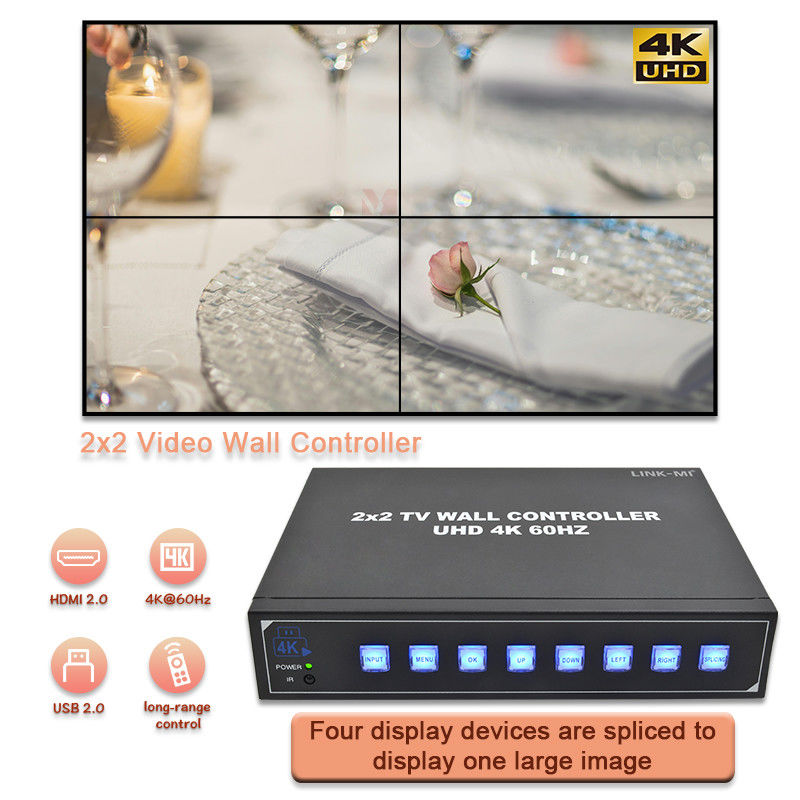 Processador de parede de vídeo 4K HDMI 2X2 Suporta ecrã automático USB para 4 TVs UHD 4K 60Hz LED Video Wall